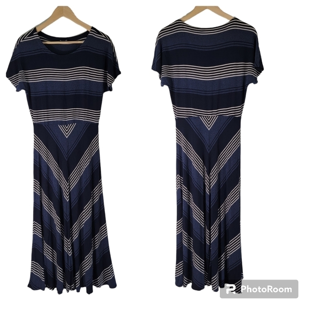 Tommy Hilfiger Women White/Blue Stripes Chevron Short Sleeve Maxi Dress Sz S/P